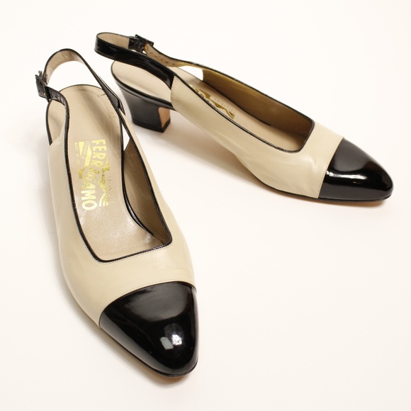 Salvatore Ferragamo Shoes - Vintage Ferragamo Cream & Black Strap Heels